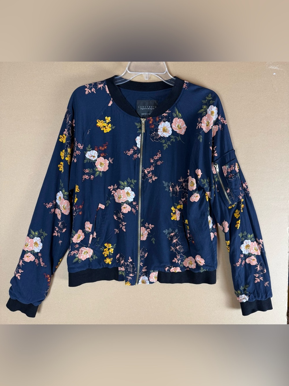 SANCTUARY by Anthropologie Floral Bomber Jacket - Navy Pink Blossom